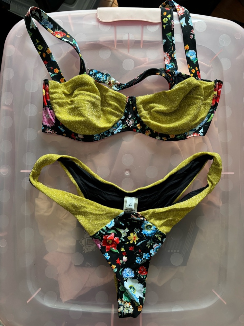Floral Contrast Olive Gold Green Bikini Set - Women Swim Bikini